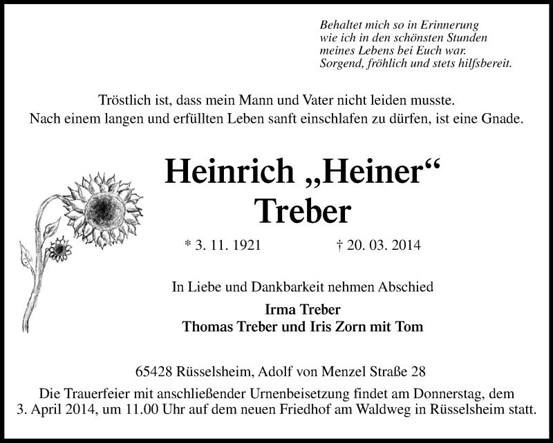  Traueranzeige für Heinrich Treber vom 29.03.2014 aus Rüsselsheimer Echo, Groß-Gerauer-Echo, Ried Echo