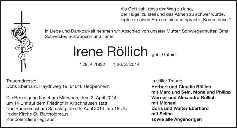  Traueranzeige für Irene Röllich vom 29.03.2014 aus Starkenburger Echo