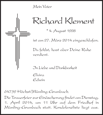 Traueranzeige von Richard Klement von Odenwälder Echo