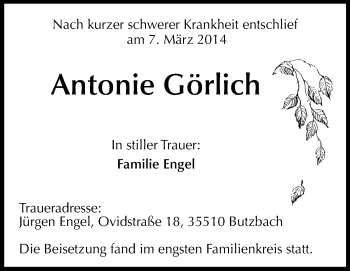 Traueranzeige von Antonie Görlich von Rüsselsheimer Echo, Groß-Gerauer-Echo, Ried Echo