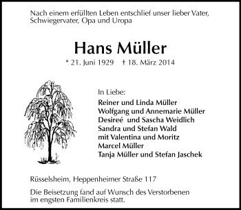 Traueranzeige von Hans Müller von Rüsselsheimer Echo, Groß-Gerauer-Echo, Ried Echo