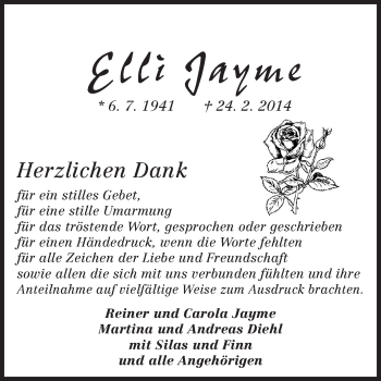 Traueranzeige von Elli Jayme von Echo-Zeitungen (Gesamtausgabe)