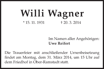 Traueranzeige von Willi Wagner von Darmstädter Echo, Odenwälder Echo, Rüsselsheimer Echo, Groß-Gerauer-Echo, Ried Echo