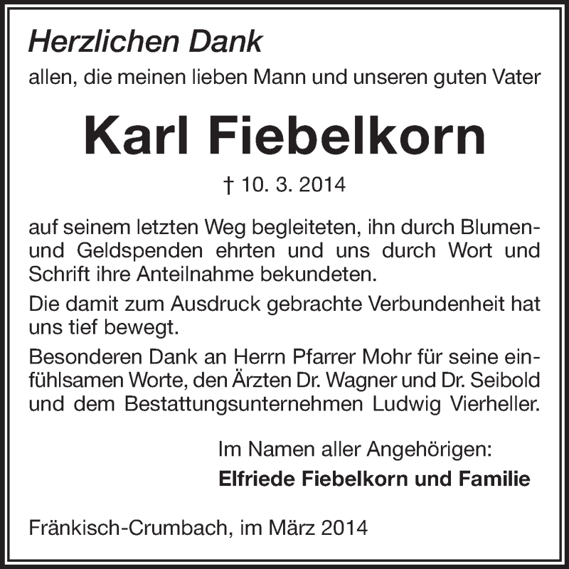  Traueranzeige für Karl Fiebelkorn vom 29.03.2014 aus Odenwälder Echo