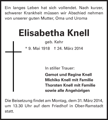 Traueranzeige von Elisabetha Knell von Darmstädter Echo, Odenwälder Echo, Rüsselsheimer Echo, Groß-Gerauer-Echo, Ried Echo