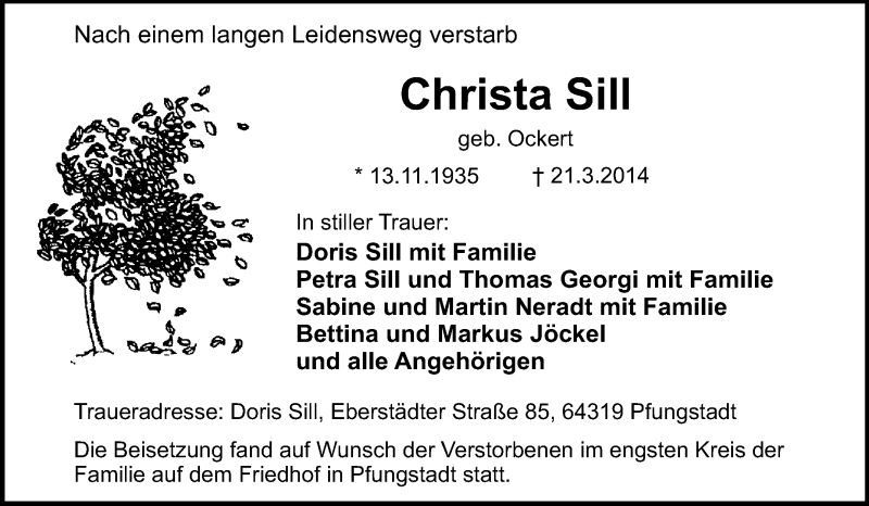 Traueranzeige für Christa Sill vom 02.04.2014 aus Echo-Zeitungen (Gesamtausgabe)