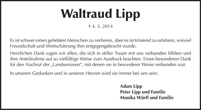  Traueranzeige für Waltraud Lipp vom 29.03.2014 aus Echo-Zeitungen (Gesamtausgabe)