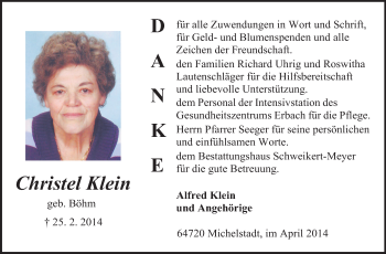 Traueranzeige von Christel Klein von Odenwälder Echo