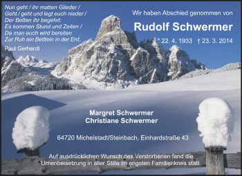 Traueranzeige von Rudolf Schwermer von Odenwälder Echo