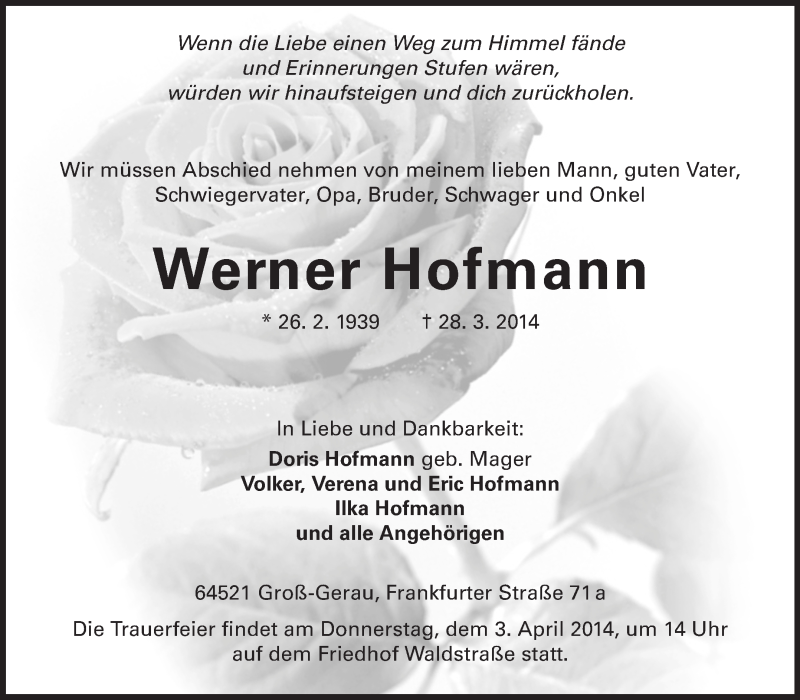  Traueranzeige für Werner Hofmann vom 01.04.2014 aus Rüsselsheimer Echo, Groß-Gerauer-Echo, Ried Echo