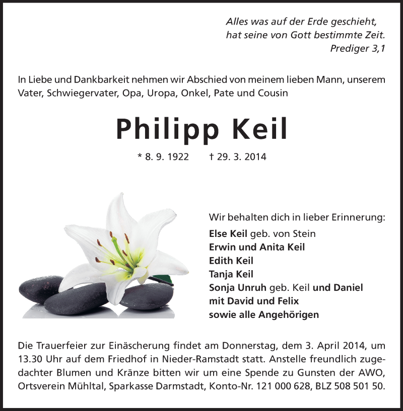  Traueranzeige für Philipp Keil vom 01.04.2014 aus Darmstädter Echo, Odenwälder Echo, Rüsselsheimer Echo, Groß-Gerauer-Echo, Ried Echo