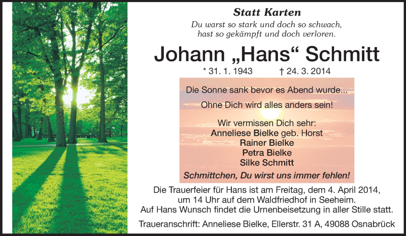  Traueranzeige für Johann Schmitt vom 01.04.2014 aus Echo-Zeitungen (Gesamtausgabe)