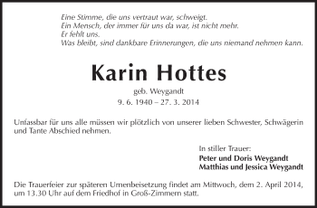 Traueranzeige von Karin Hottes von Echo-Zeitungen (Gesamtausgabe)