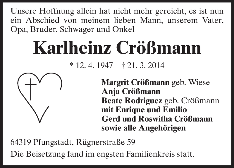  Traueranzeige für Karlheinz Crößmann vom 05.04.2014 aus Echo-Zeitungen (Gesamtausgabe)