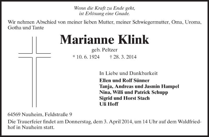  Traueranzeige für Marianne Klink vom 01.04.2014 aus Rüsselsheimer Echo, Groß-Gerauer-Echo, Ried Echo