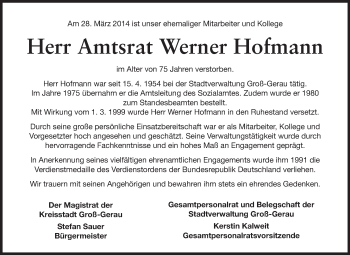 Traueranzeige von Werner Hofmann von Rüsselsheimer Echo, Groß-Gerauer-Echo, Ried Echo