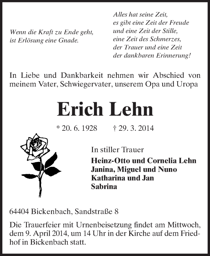  Traueranzeige für Erich Lehn vom 02.04.2014 aus Echo-Zeitungen (Gesamtausgabe)