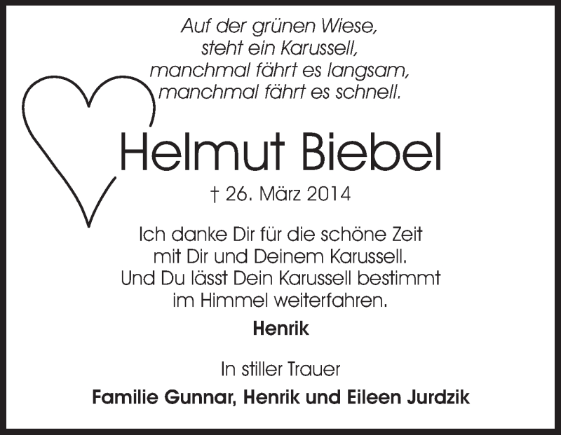  Traueranzeige für Helmut Biebel vom 02.04.2014 aus Rüsselsheimer Echo, Groß-Gerauer-Echo, Ried Echo
