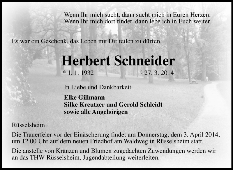  Traueranzeige für Herbert Schneider vom 01.04.2014 aus Rüsselsheimer Echo, Groß-Gerauer-Echo, Ried Echo
