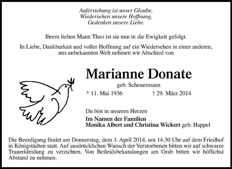  Traueranzeige für Marianne Donate vom 01.04.2014 aus Rüsselsheimer Echo, Groß-Gerauer-Echo, Ried Echo
