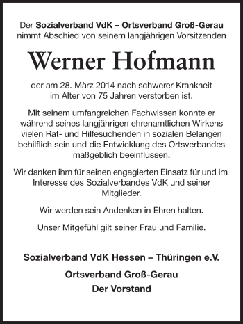Traueranzeige von Werner Hofmann von Rüsselsheimer Echo, Groß-Gerauer-Echo, Ried Echo