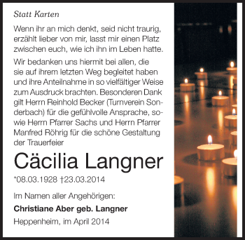 Traueranzeige von Cäcilia Langner von Starkenburger Echo