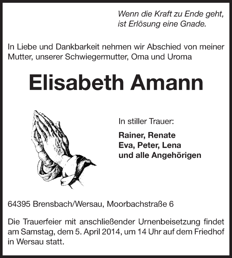  Traueranzeige für Elisabeth Amann vom 02.04.2014 aus Odenwälder Echo