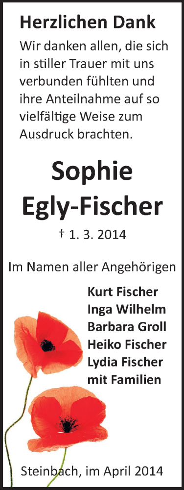  Traueranzeige für Sophie Egly-Fischer vom 02.04.2014 aus Odenwälder Echo