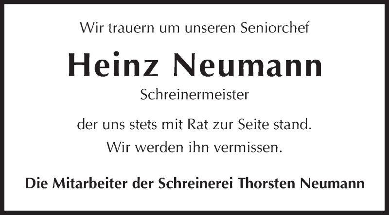  Traueranzeige für Heinz Neumann vom 02.04.2014 aus Rüsselsheimer Echo, Groß-Gerauer-Echo, Ried Echo
