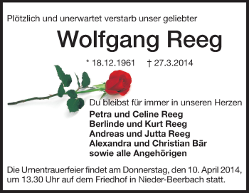 Traueranzeige von Wolfgang Reeg von Echo-Zeitungen (Gesamtausgabe)