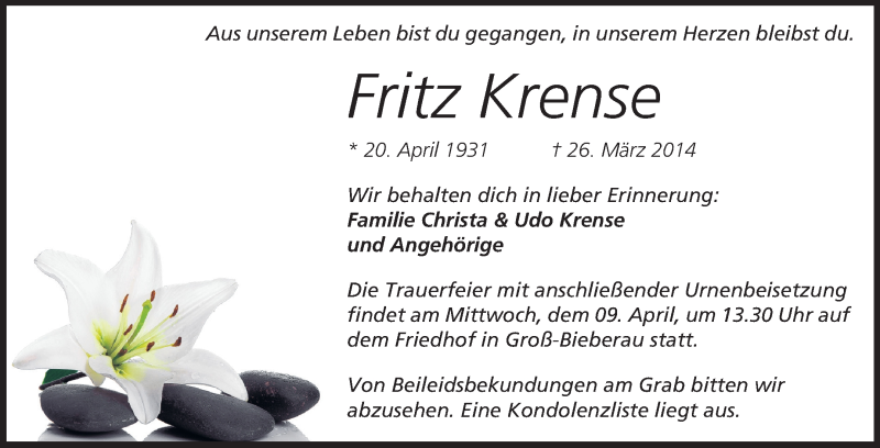  Traueranzeige für Fritz Krense vom 08.04.2014 aus Echo-Zeitungen (Gesamtausgabe)