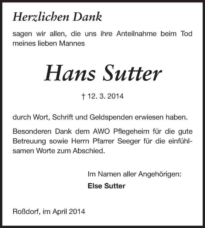  Traueranzeige für Hans Sutter vom 05.04.2014 aus Echo-Zeitungen (Gesamtausgabe)