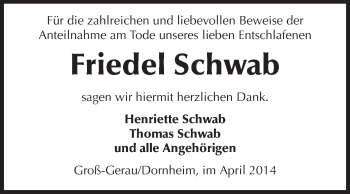 Traueranzeige von Friedel Schwab von Rüsselsheimer Echo, Groß-Gerauer-Echo, Ried Echo