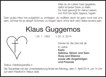 Traueranzeige von Klaus Guggemos von Rüsselsheimer Echo, Groß-Gerauer-Echo, Ried Echo
