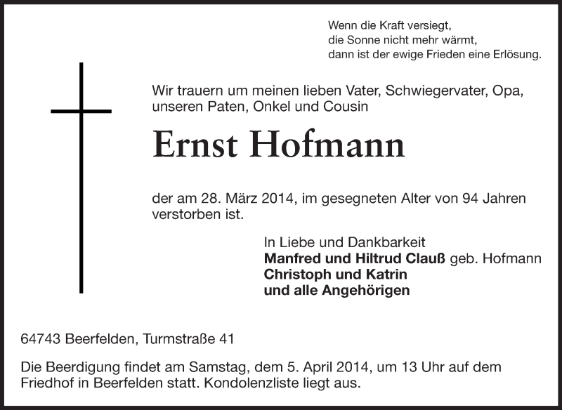  Traueranzeige für Ernst Hofmann vom 03.04.2014 aus Odenwälder Echo