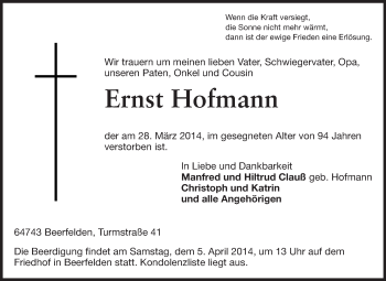 Traueranzeige von Ernst Hofmann von Odenwälder Echo
