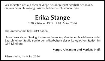 Traueranzeige von Erika Stange von Rüsselsheimer Echo, Groß-Gerauer-Echo, Ried Echo