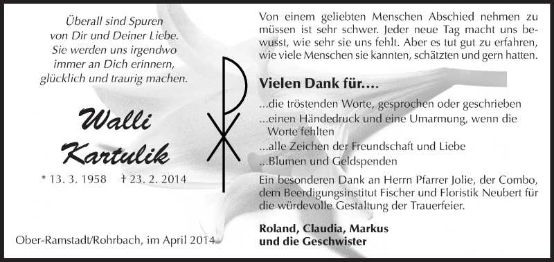  Traueranzeige für Wally Kartulik vom 05.04.2014 aus Echo-Zeitungen (Gesamtausgabe)