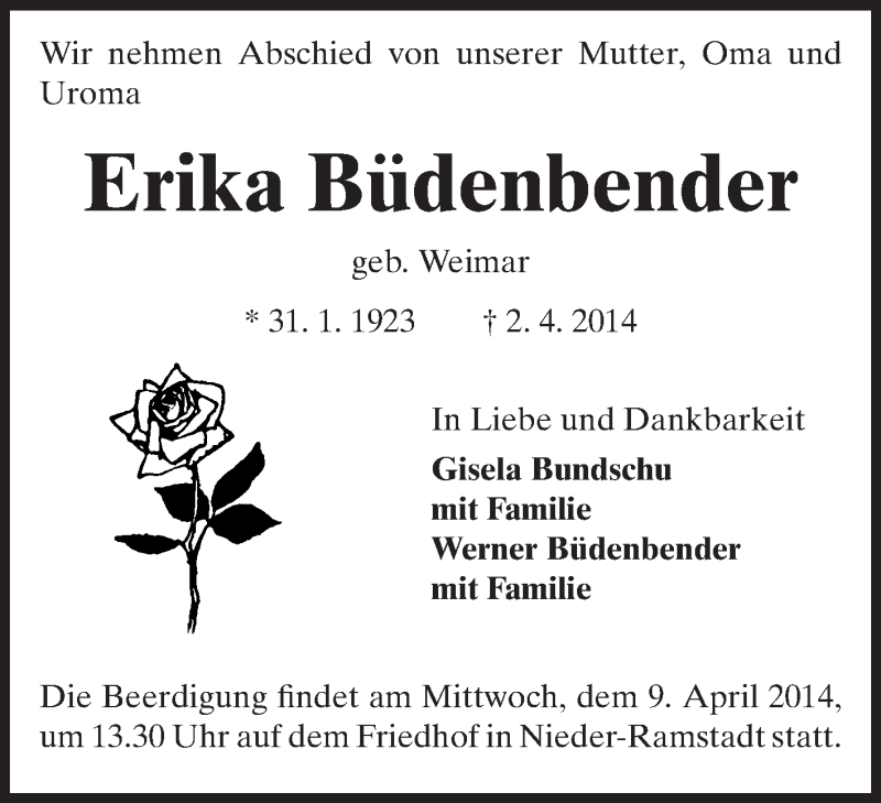  Traueranzeige für Erika Büdenbender vom 05.04.2014 aus Echo-Zeitungen (Gesamtausgabe)