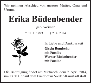 Traueranzeige von Erika Büdenbender von Echo-Zeitungen (Gesamtausgabe)