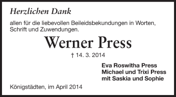 Traueranzeige von Werner Press von Rüsselsheimer Echo, Groß-Gerauer-Echo, Ried Echo