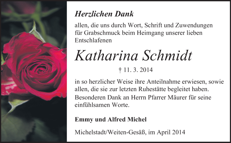  Traueranzeige für Katharina Schmidt vom 04.04.2014 aus Odenwälder Echo