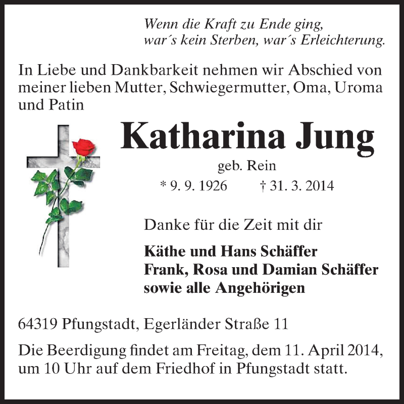  Traueranzeige für Katharina Jung vom 05.04.2014 aus Echo-Zeitungen (Gesamtausgabe)