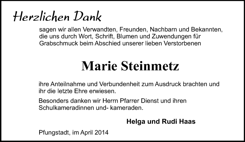  Traueranzeige für Marie Steinmetz vom 05.04.2014 aus Echo-Zeitungen (Gesamtausgabe)