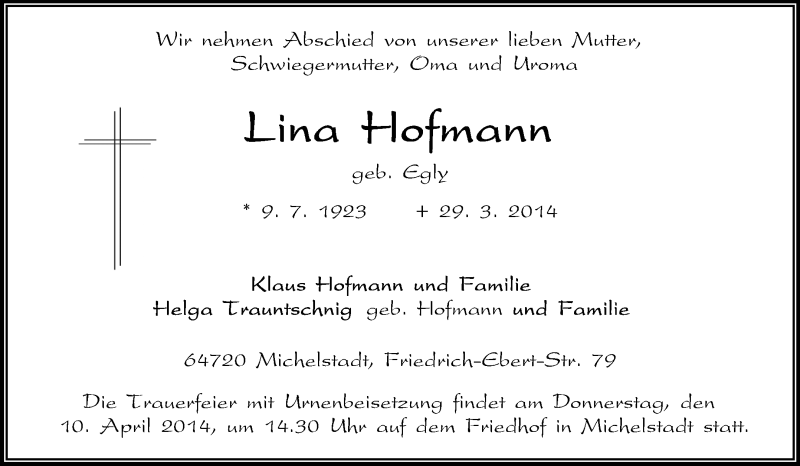  Traueranzeige für Lina Hofmann vom 05.04.2014 aus Odenwälder Echo