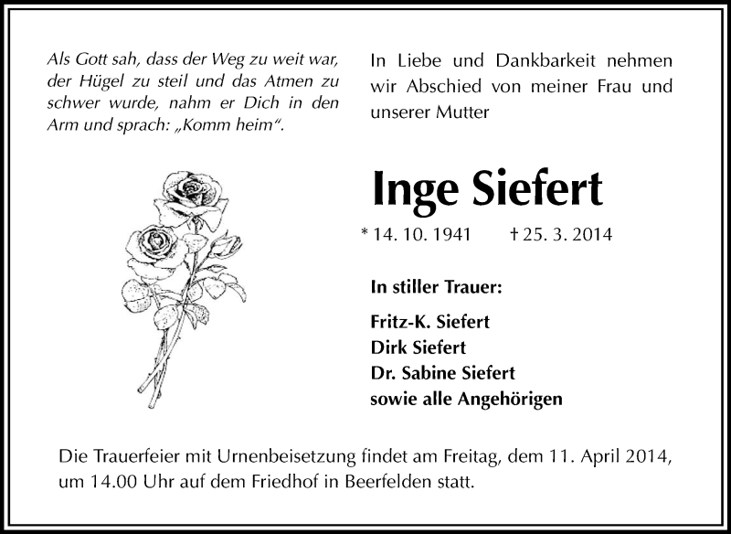  Traueranzeige für Inge Siefert vom 07.04.2014 aus Odenwälder Echo