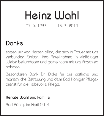 Traueranzeige von Heinz Wahl von Odenwälder Echo