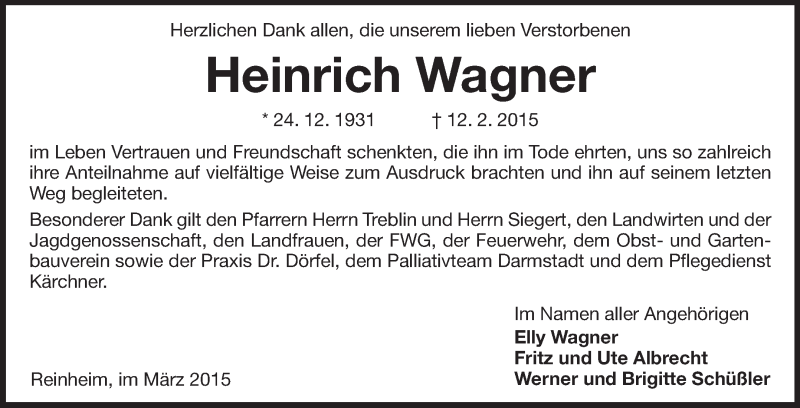  Traueranzeige für Heinrich Wagner vom 11.03.2015 aus Echo-Zeitungen (Gesamtausgabe)