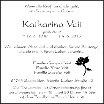 Traueranzeige von Katharina Veit von Odenwälder Echo