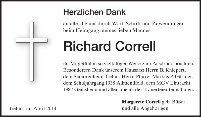  Traueranzeige für Richard Correll vom 05.04.2014 aus Rüsselsheimer Echo, Groß-Gerauer-Echo, Ried Echo